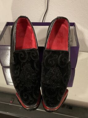 Globe Black Velvet Slip-On Loafers with Red Lining